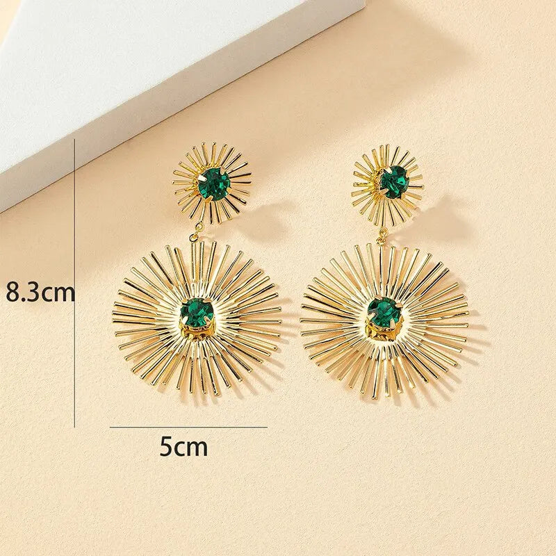 Green Stone Big Metal Dangle Earring Post for Women Gold Color Vintage Geometric Statement Drop Earrings New Style