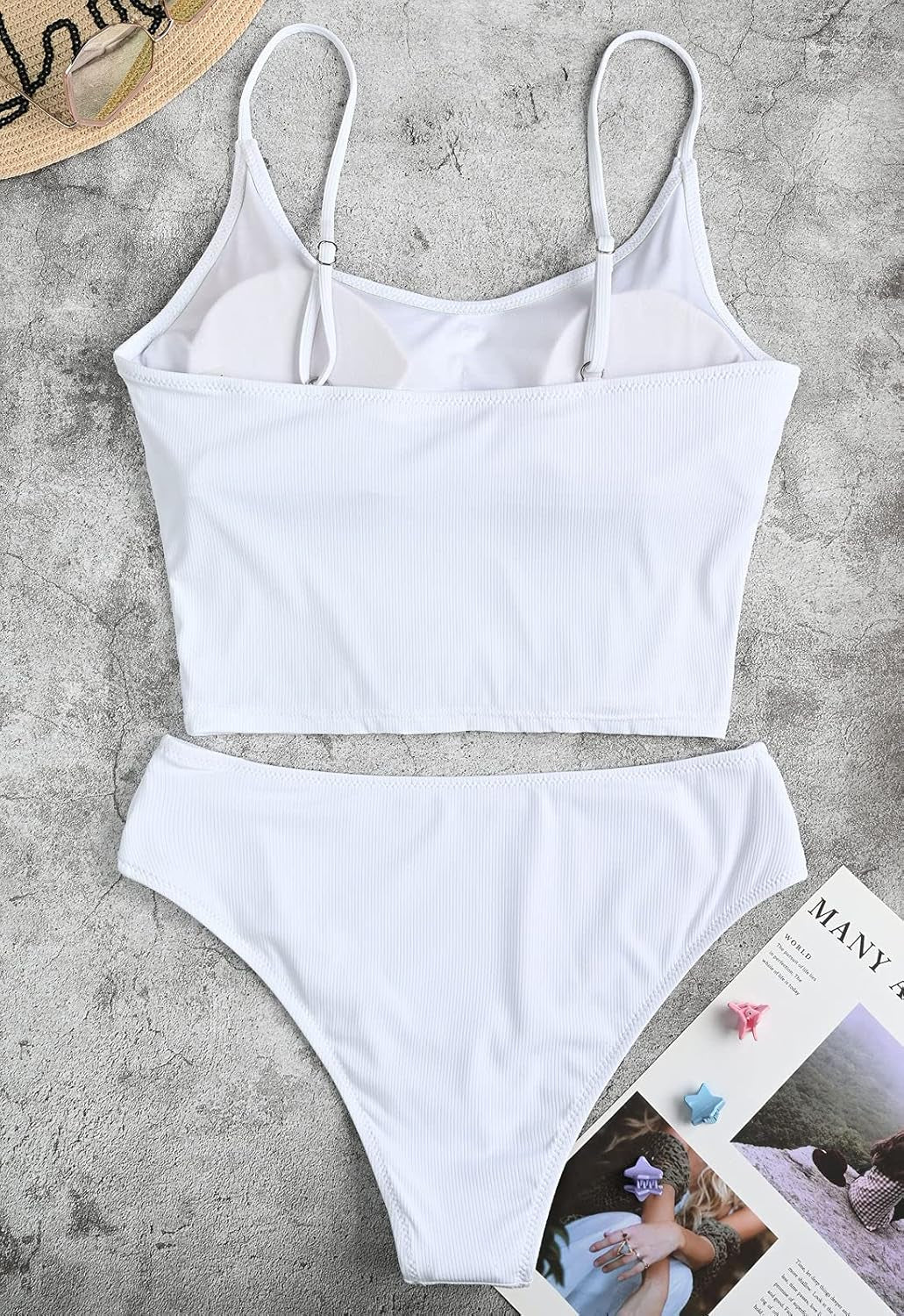 Ribbed Bikini Sets for Women High Cut Cheeky Swimsuits Scoop Neck Padded Bathing Suits Two Piece Tankini Set