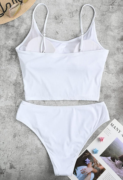 Ribbed Bikini Sets for Women High Cut Cheeky Swimsuits Scoop Neck Padded Bathing Suits Two Piece Tankini Set