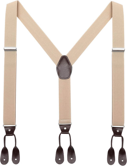 Mens Brown Button End Suspenders - Adjustable Elastic Y Shape Tuxedo Suspender