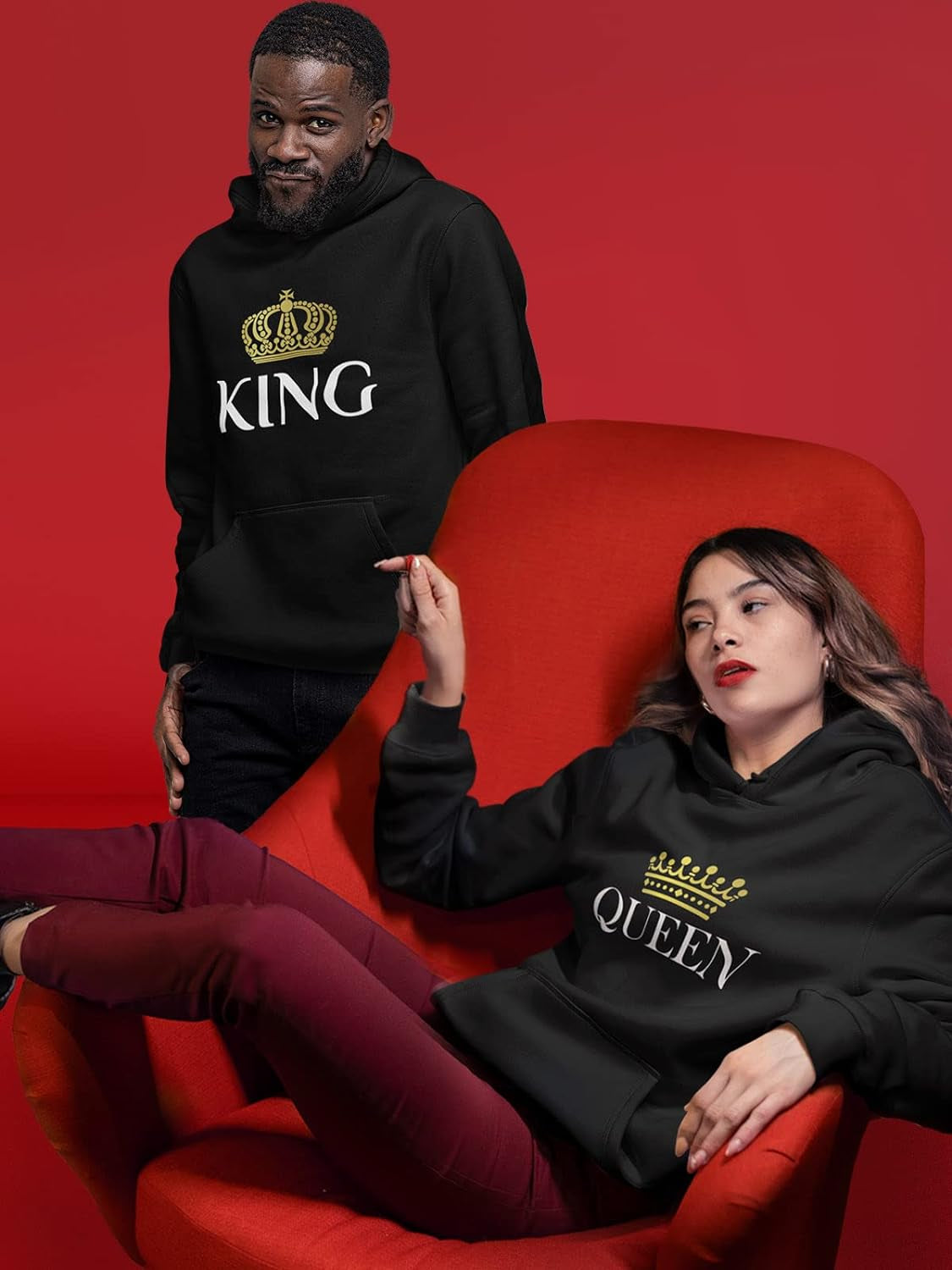 King & Queen Matching Couple Hoodie Set Valentine'S Day Gift His & Hers Women Hoodie Women Large/Men Medium,Black