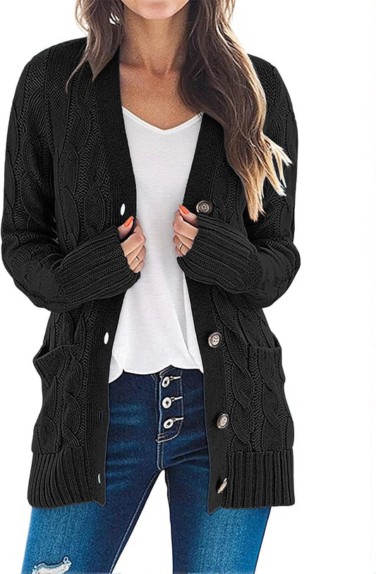 Women'S 2025 Fall Long Sleeve Cable Knit Sweater Open Front Cardigan Button Loose Outerwear