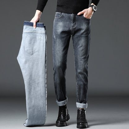 Denim Men'S Straight Loose Day System plus Fleece Casual Long Pants
