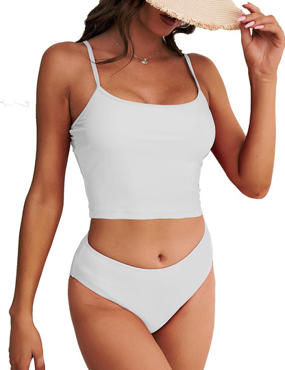 Ribbed Bikini Sets for Women High Cut Cheeky Swimsuits Scoop Neck Padded Bathing Suits Two Piece Tankini Set