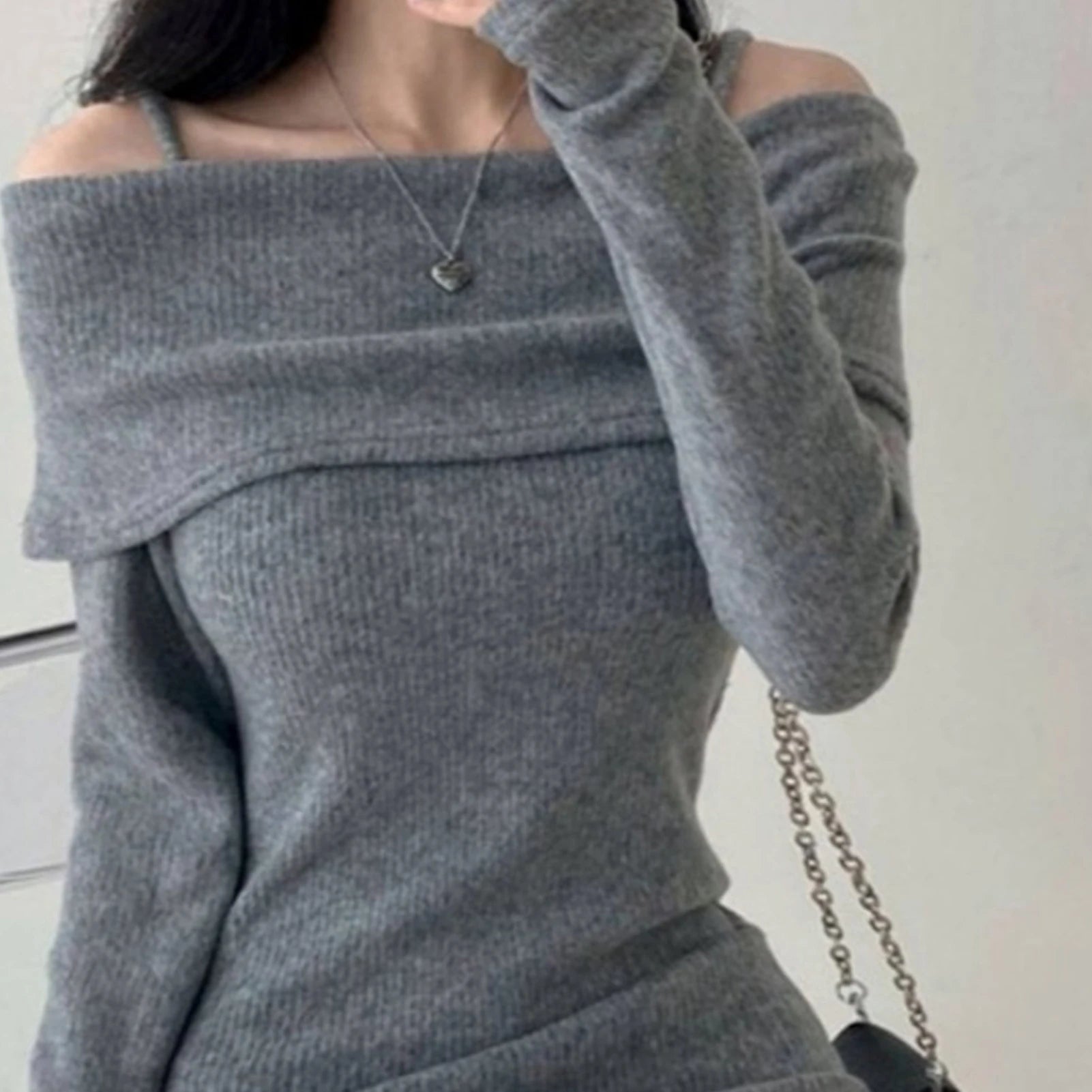 Womens Dresses Spring Fashion Cold Shoulder Lantern Sleeve Casual Plain Long Sleeve Daily Mini Knit Sweater Dress Woman Clothing