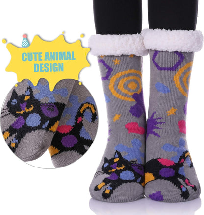 Non Slip Slipper Socks for Womens Fuzzy Soft Cozy Grippers Winter Warm Animal Fleece-Lined Home Socks