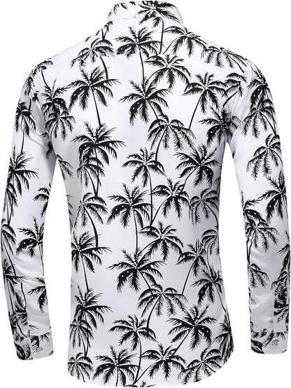 Men'S Printed Beach Hawaiian Button-Down Slim Fit Long Sleeve Dress Shirt (7015 White, Large)