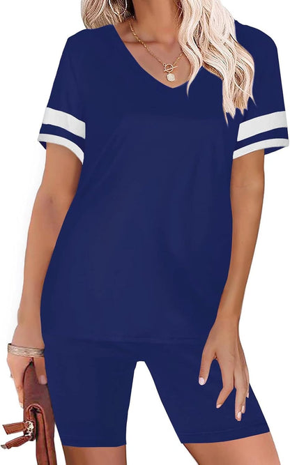 Womens Shorts Sets 2 Piece Outfits Tracksuits Short Sleeve V-Neck Casual T-Shirt Tops Bodycon Shorts Sets