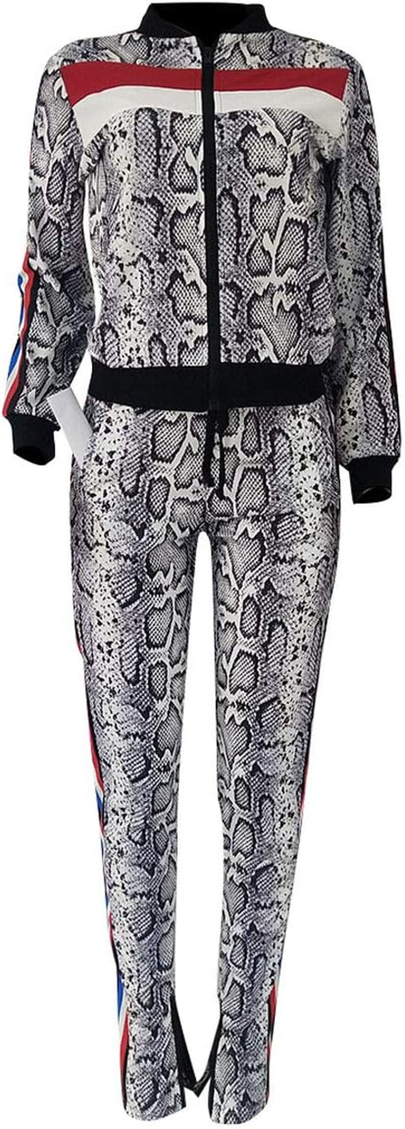 Women Two Piece Outfits Tracksuit - Sexy Snakeskin Printed Zipper Jacket and Long Pants Sportswear with Pocket White L