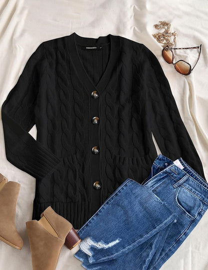 Women'S 2025 Fall Long Sleeve Cable Knit Sweater Open Front Cardigan Button Loose Outerwear