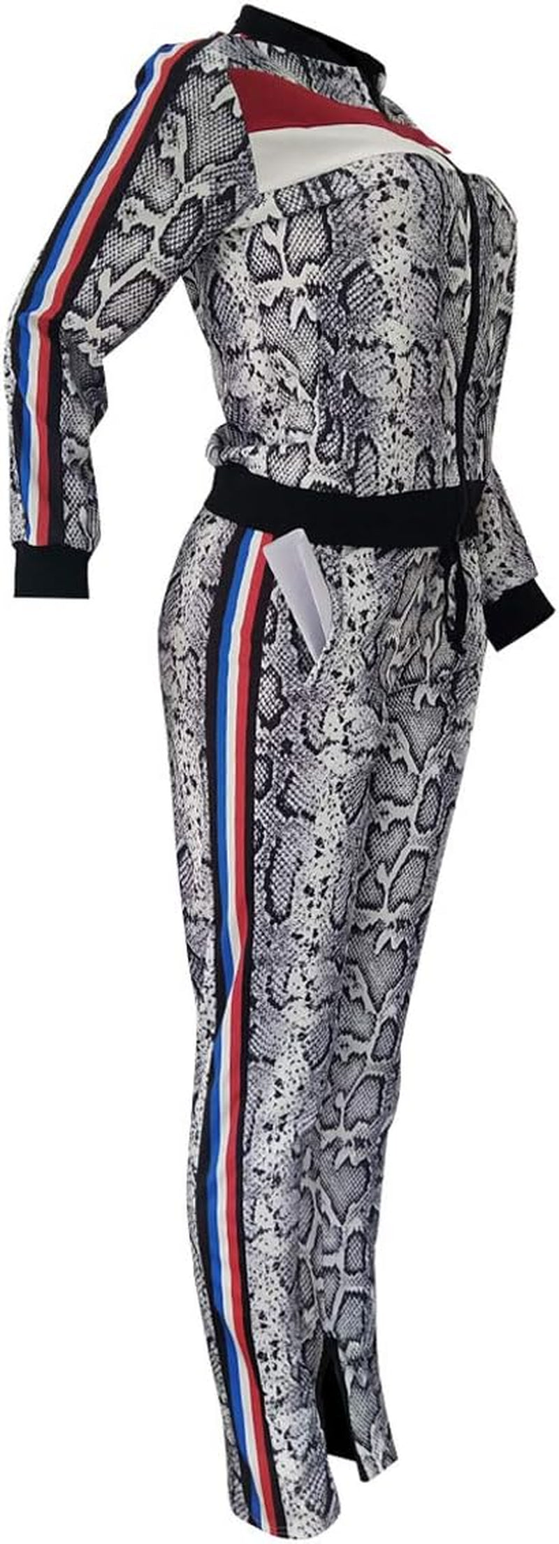 Women Two Piece Outfits Tracksuit - Sexy Snakeskin Printed Zipper Jacket and Long Pants Sportswear with Pocket White L