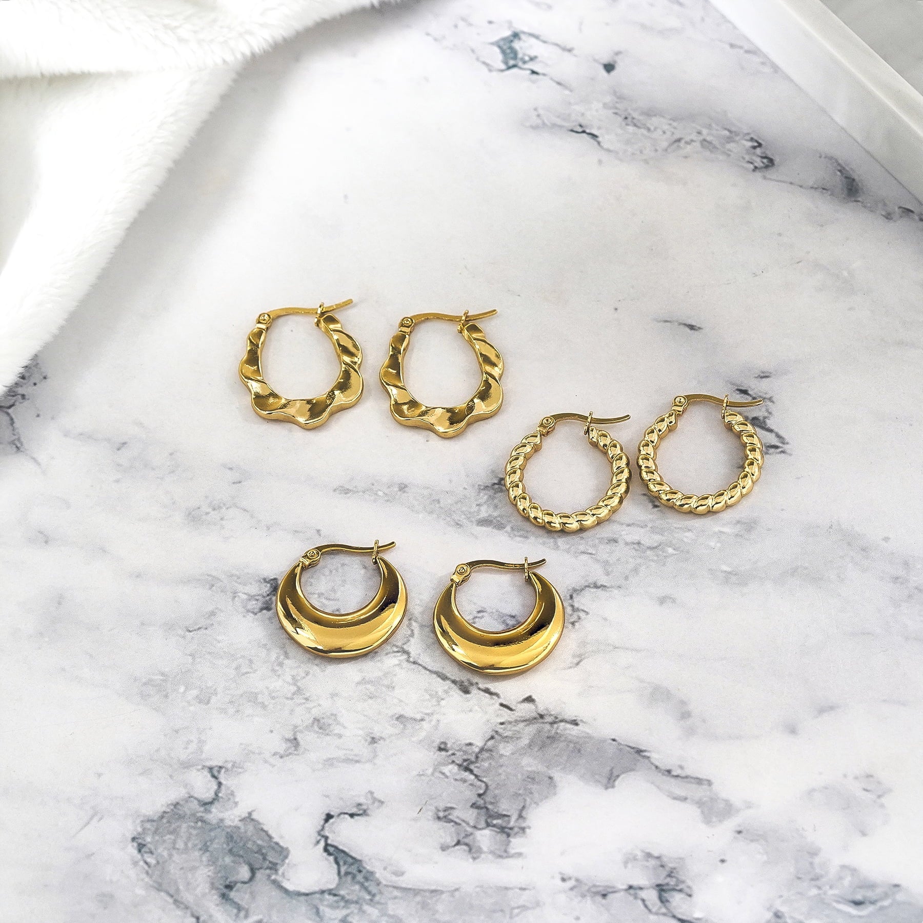 Twisted Hoop Earrings Set, Yellow Gold Plated, Hypoallergenic, 3 Pairs