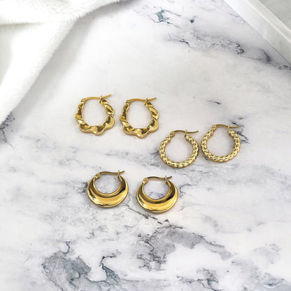 Twisted Hoop Earrings Set, Yellow Gold Plated, Hypoallergenic, 3 Pairs