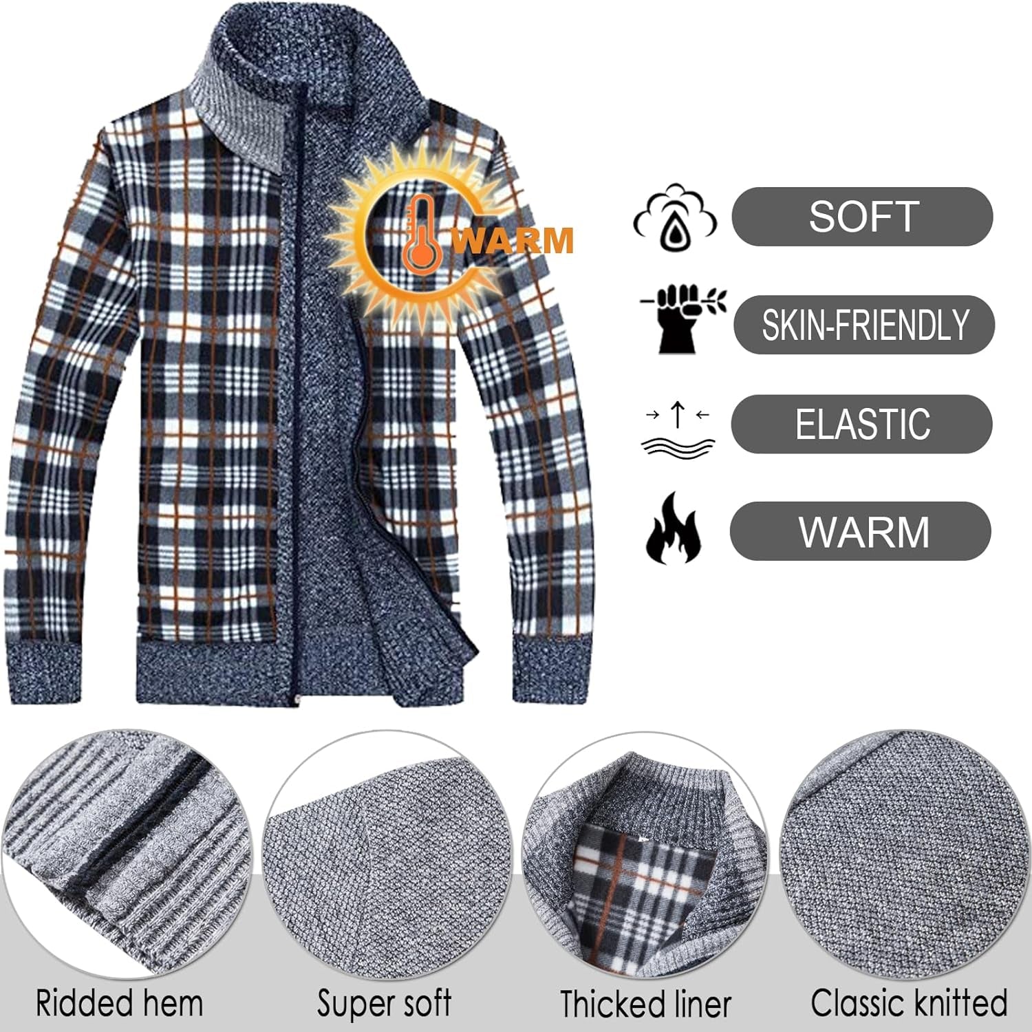 Men'S Casual Full Zip Slim Thick Knitted Cardigan Sweaters with Pockets