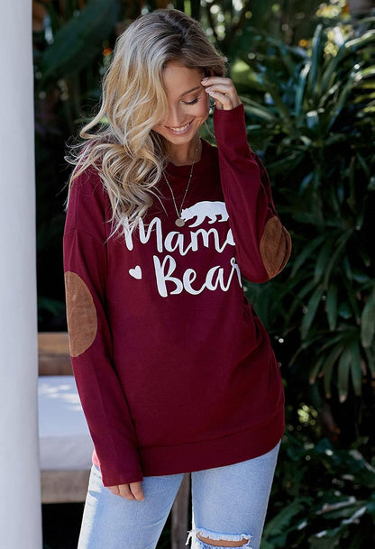 Women Mama Bear T Tee Shirt Mommy Me Outfit Wife Maternity Mom Momma Lightweight Sweatshirt Tunic Casual Loose Oversized Batwing Long Sleeve Ruby Wine Red